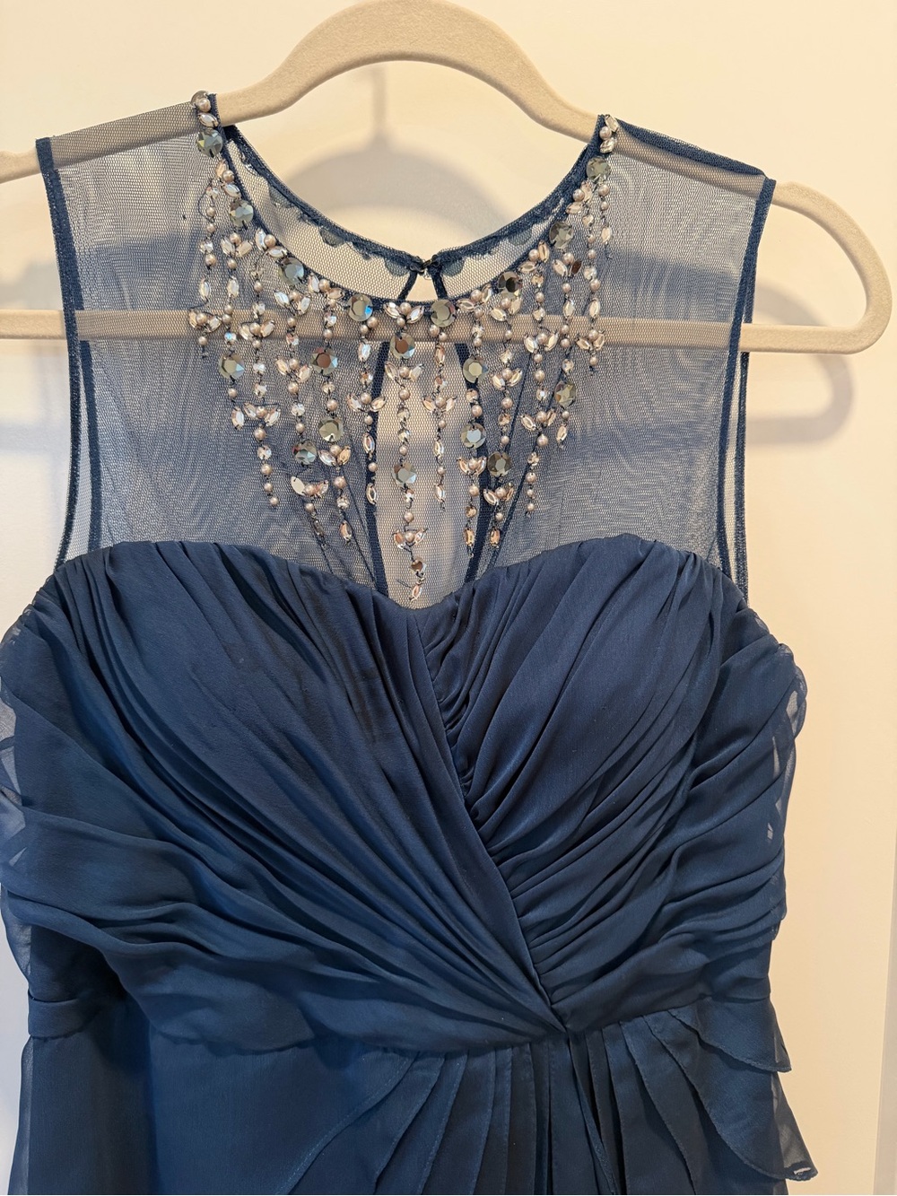 Adrianna Papell Navy Beaded Illusion Evening Gown - Picture 2 of 9